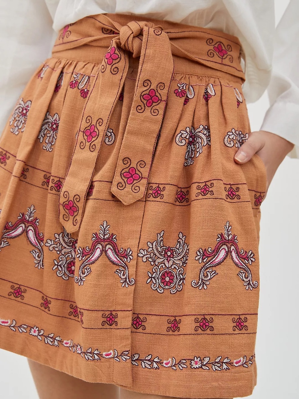 Anthropologie Rust Embroidered Mini Skirt with Pink & White Accents